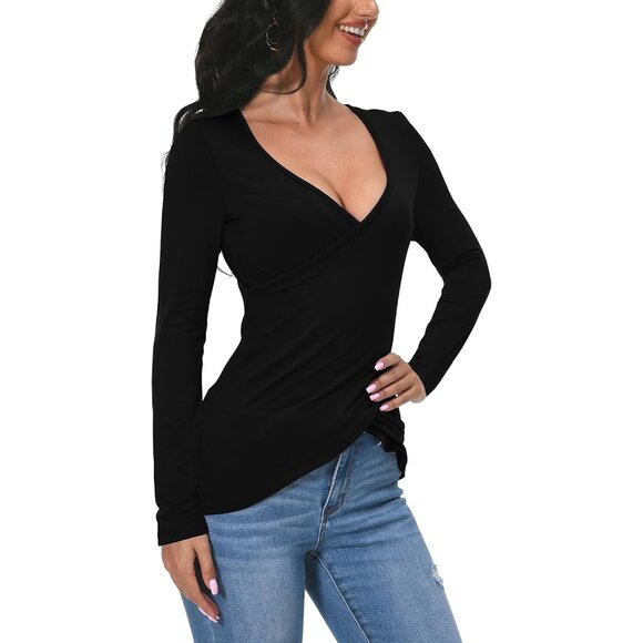 Women V-Neck Long Sleeve Slim Shirt Blouse Black Plus Size - Picture 6 of 7